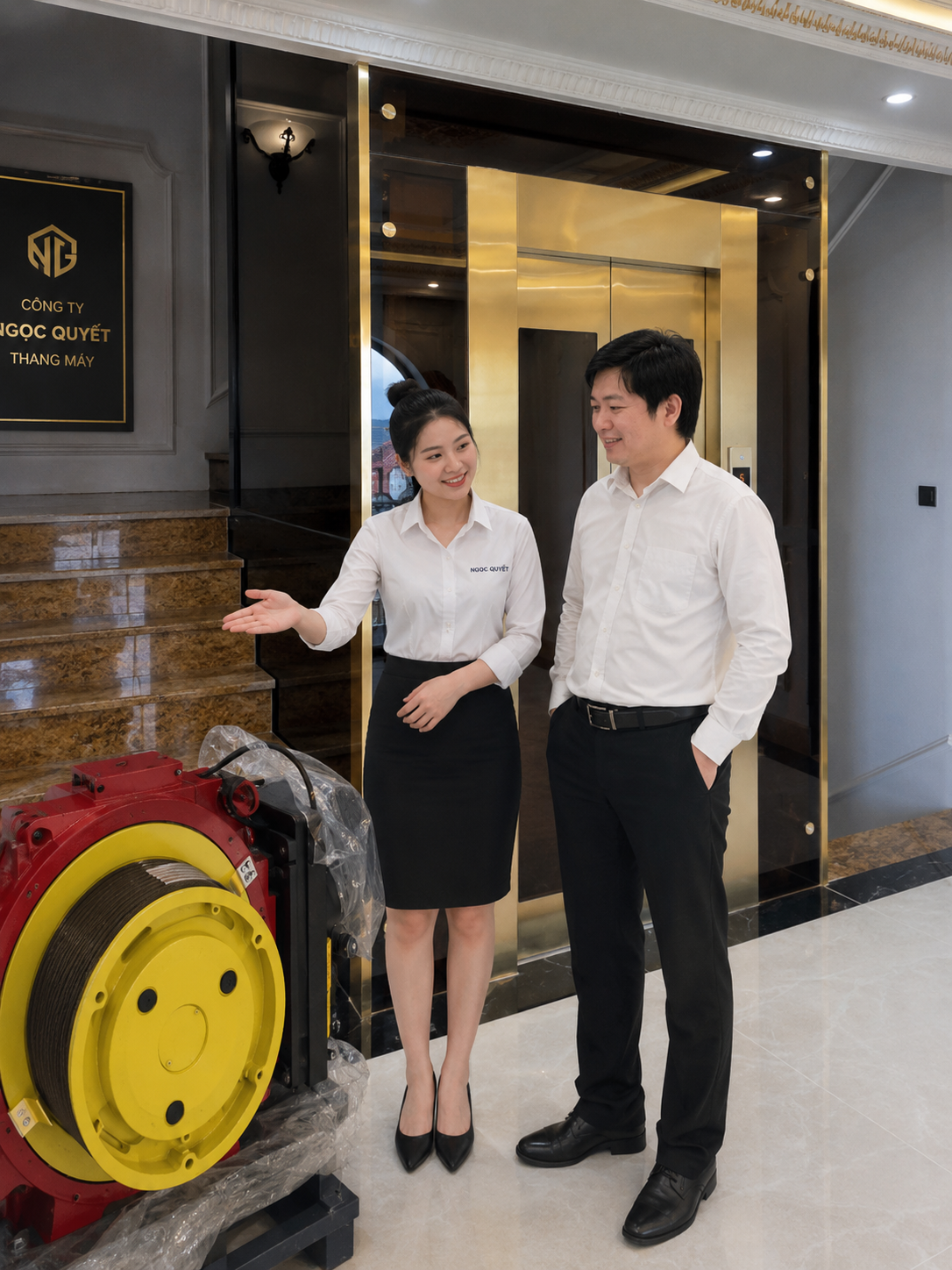 Nhân viên công ty thang máy Ngọc Quyết giới thiệu động cơ thang máy màu đỏ vàng cho khách hàng